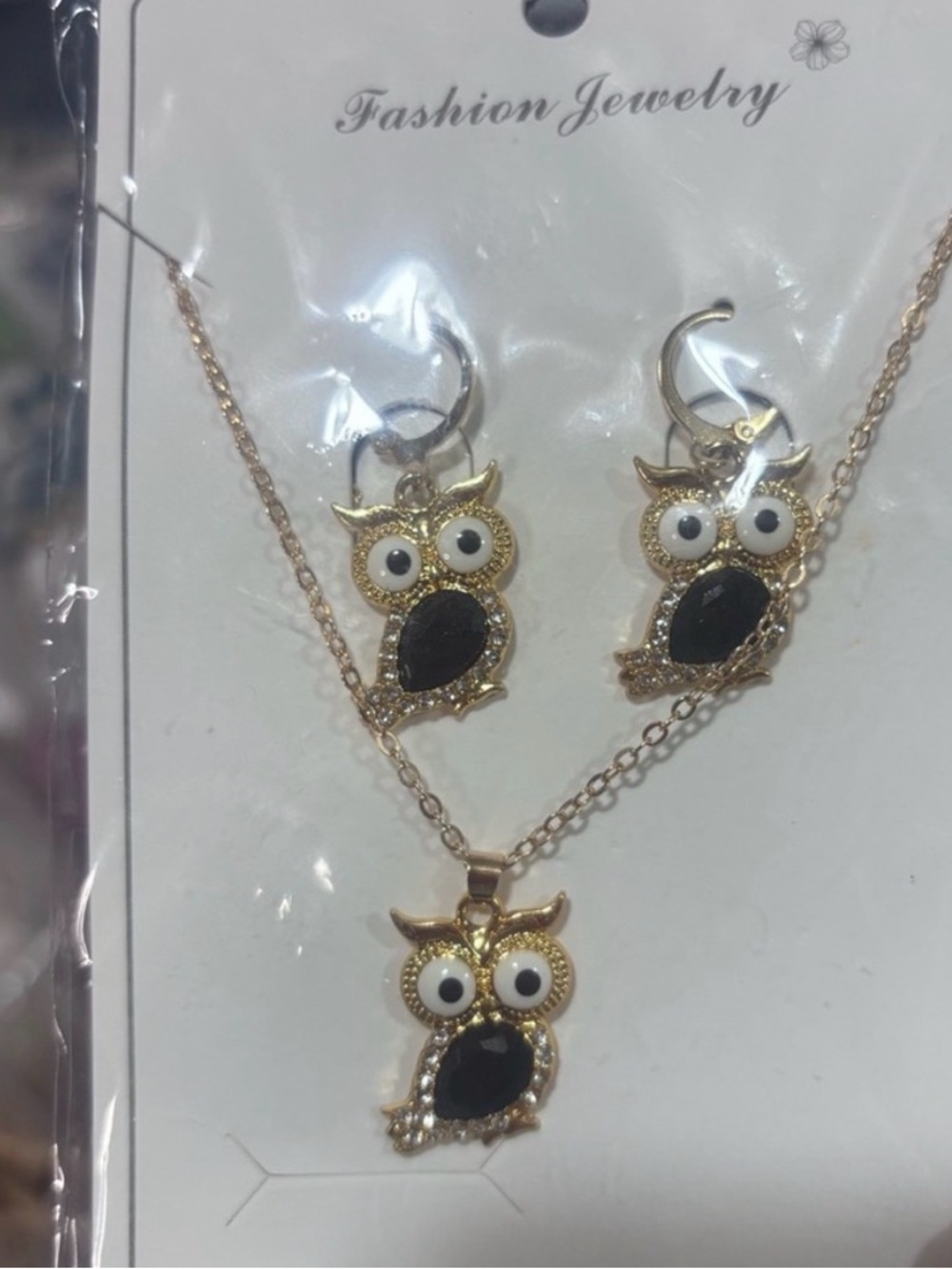 Gold Owl Pendant Necklace and Earrings Set with Black Accents